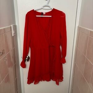 Elegant A line Red Long Sleeve Wrap Dress Size Large L